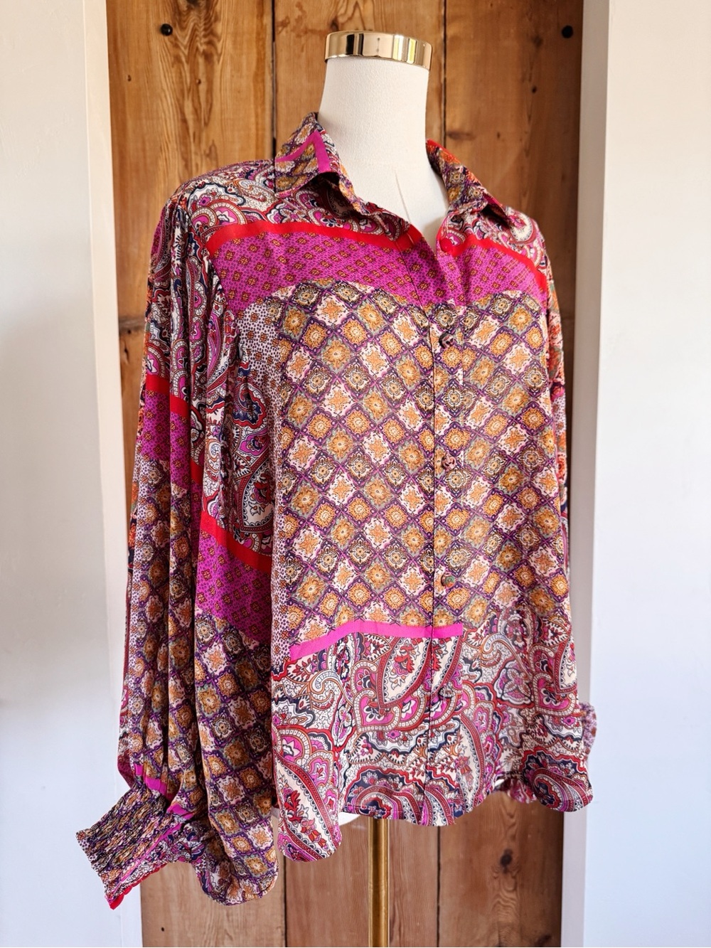 Sz S Ee:some Pink Paisley Vincenza Balloon Sleeve Button Down Blouse EUC